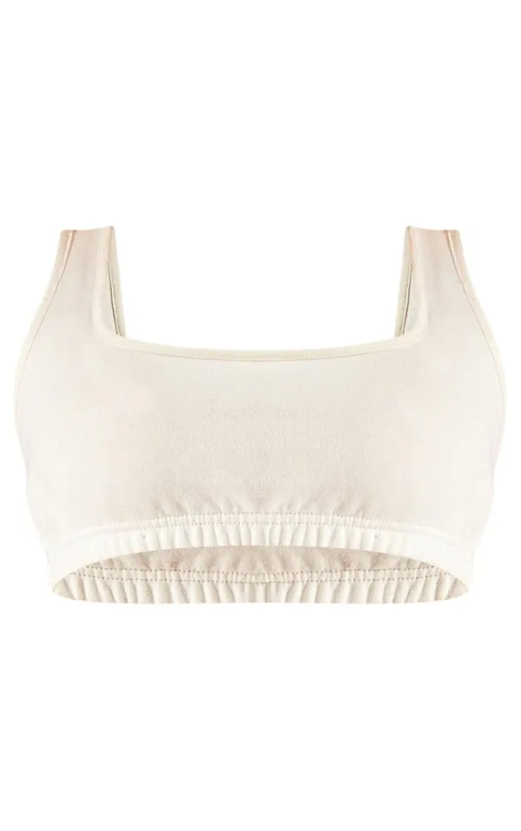 Online PrettyLittleThing Petite Acid Wash Elasticated Crop Top Cream