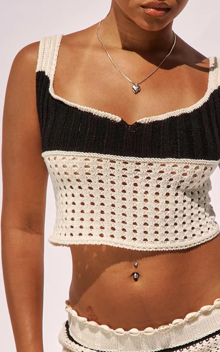 PrettyLittleThing Petite Crochet Knitted Crop Top Cream