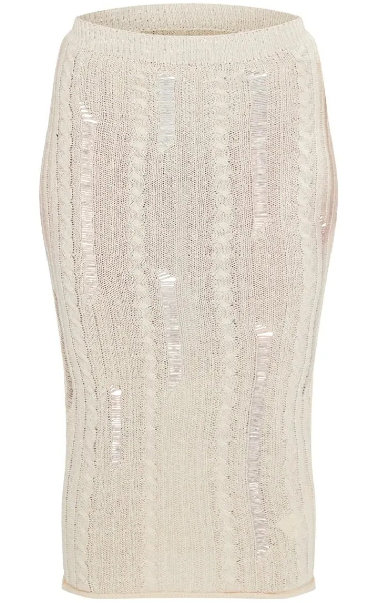 Sale PrettyLittleThing Petite Distressed Cable Knit Midaxi Skirt Cream