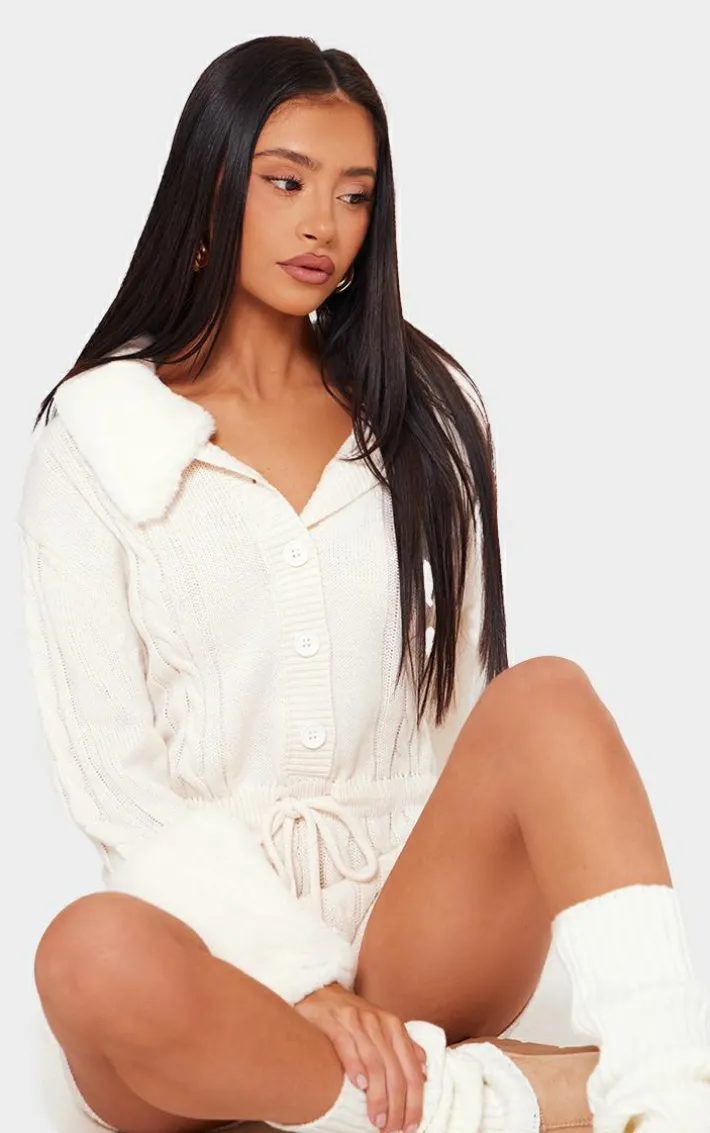 Petite Cream Faux Fur Trim Cable Knit Romper