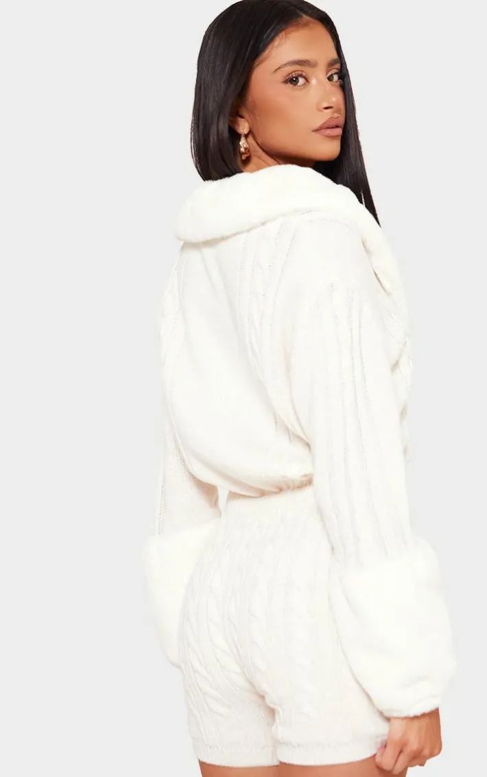 Petite Cream Faux Fur Trim Cable Knit Romper