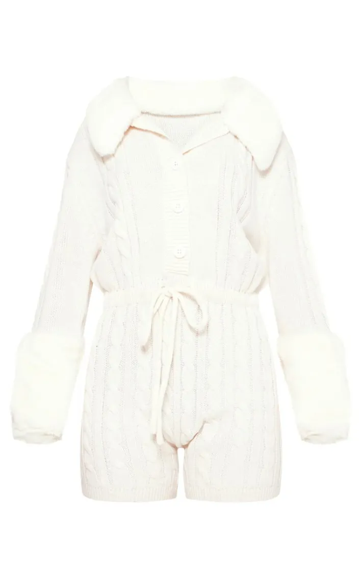 Petite Cream Faux Fur Trim Cable Knit Romper