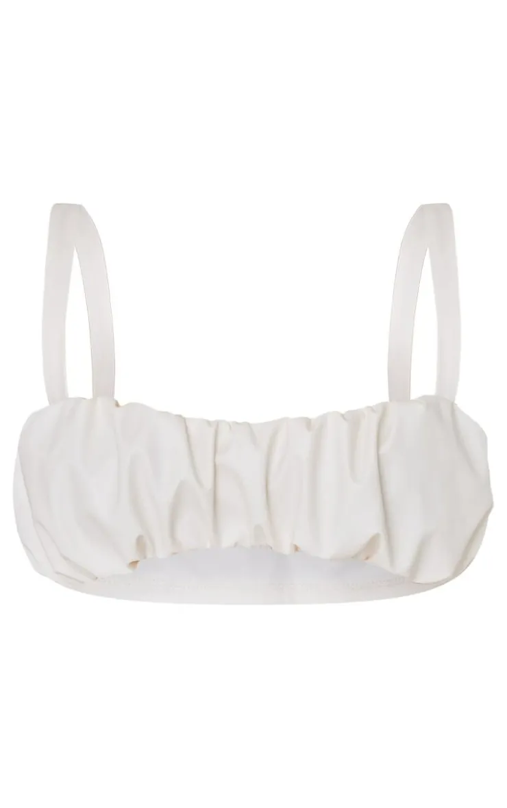 Hot PrettyLittleThing Petite Faux Leather Ruched Bralet Cream