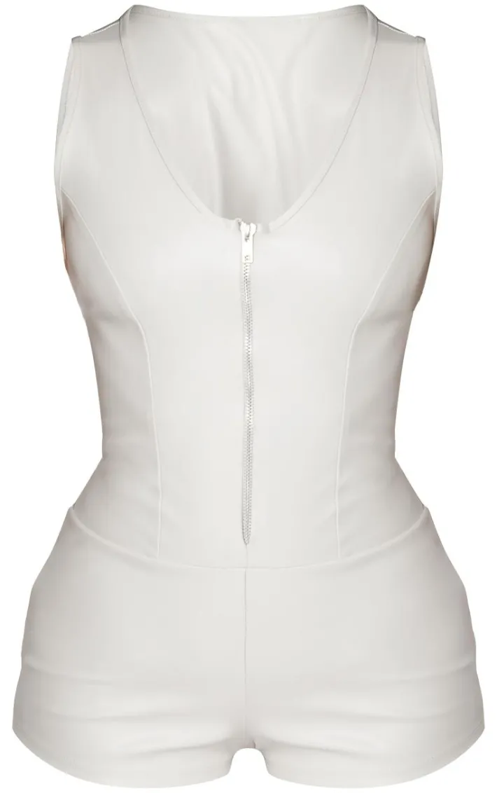 Petite Cream Faux Leather Zip Up Romper