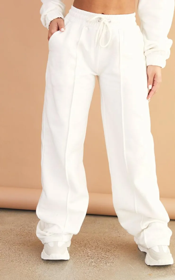 Discount PrettyLittleThing Petite Seam Detail Wide Leg Sweatpants Cream