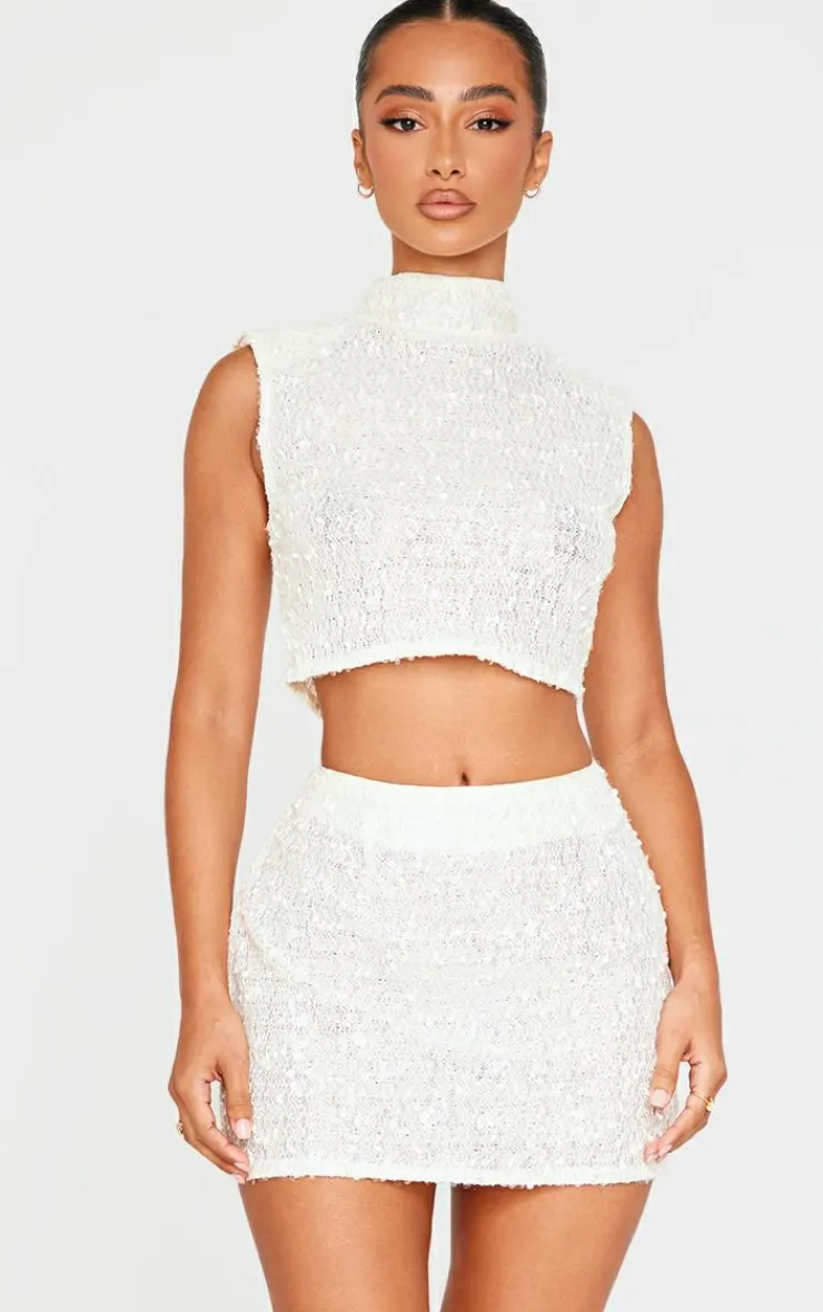 PrettyLittleThing Petite Shoulder Pad Detail Sleeveless Sequin Crop Top Cream