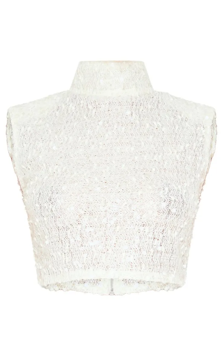 PrettyLittleThing Petite Shoulder Pad Detail Sleeveless Sequin Crop Top Cream