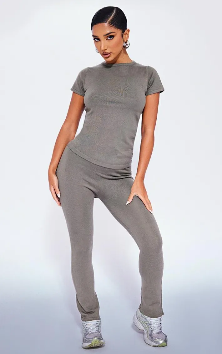 Petite Dark Olive Knitted Flared Pants