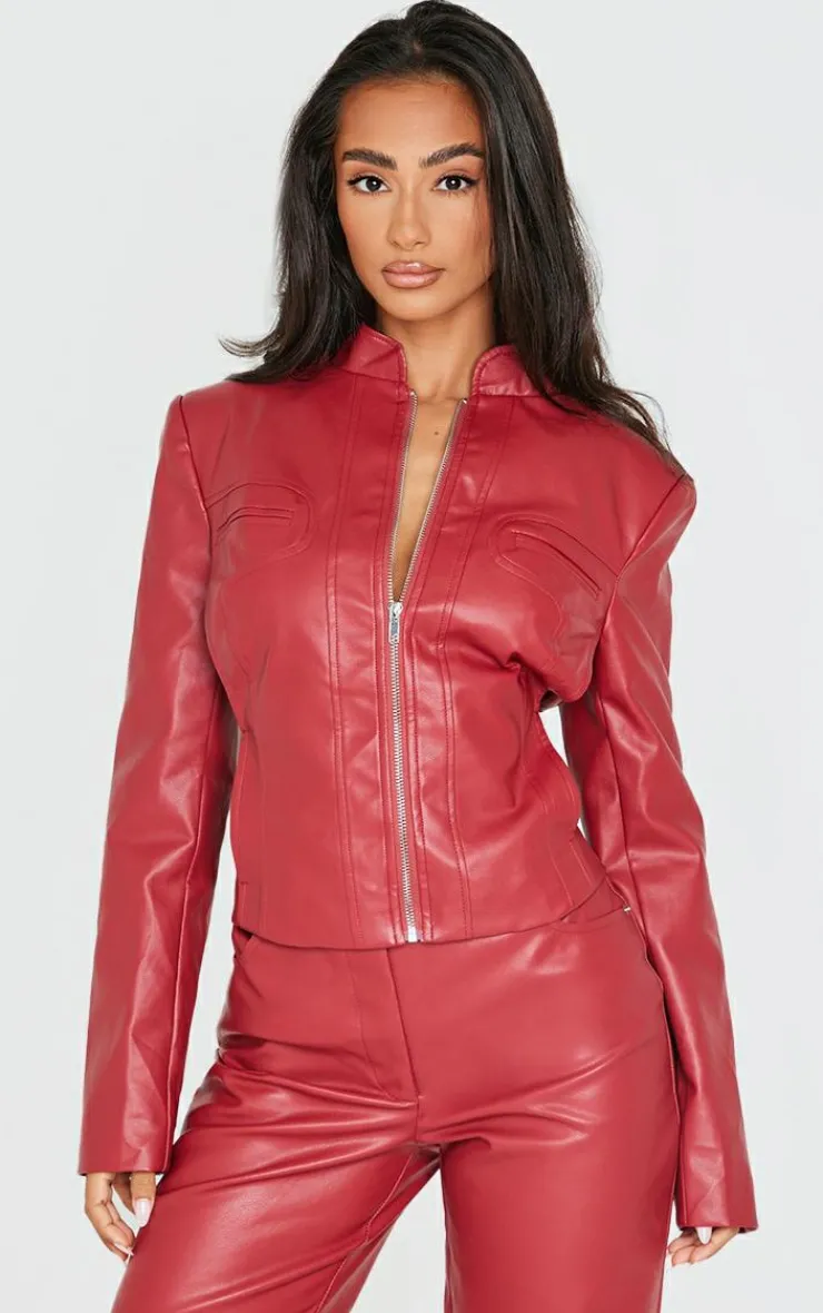 Hot PrettyLittleThing Petite Faux Leather Fitted Seam Detail Jacket Dark Red