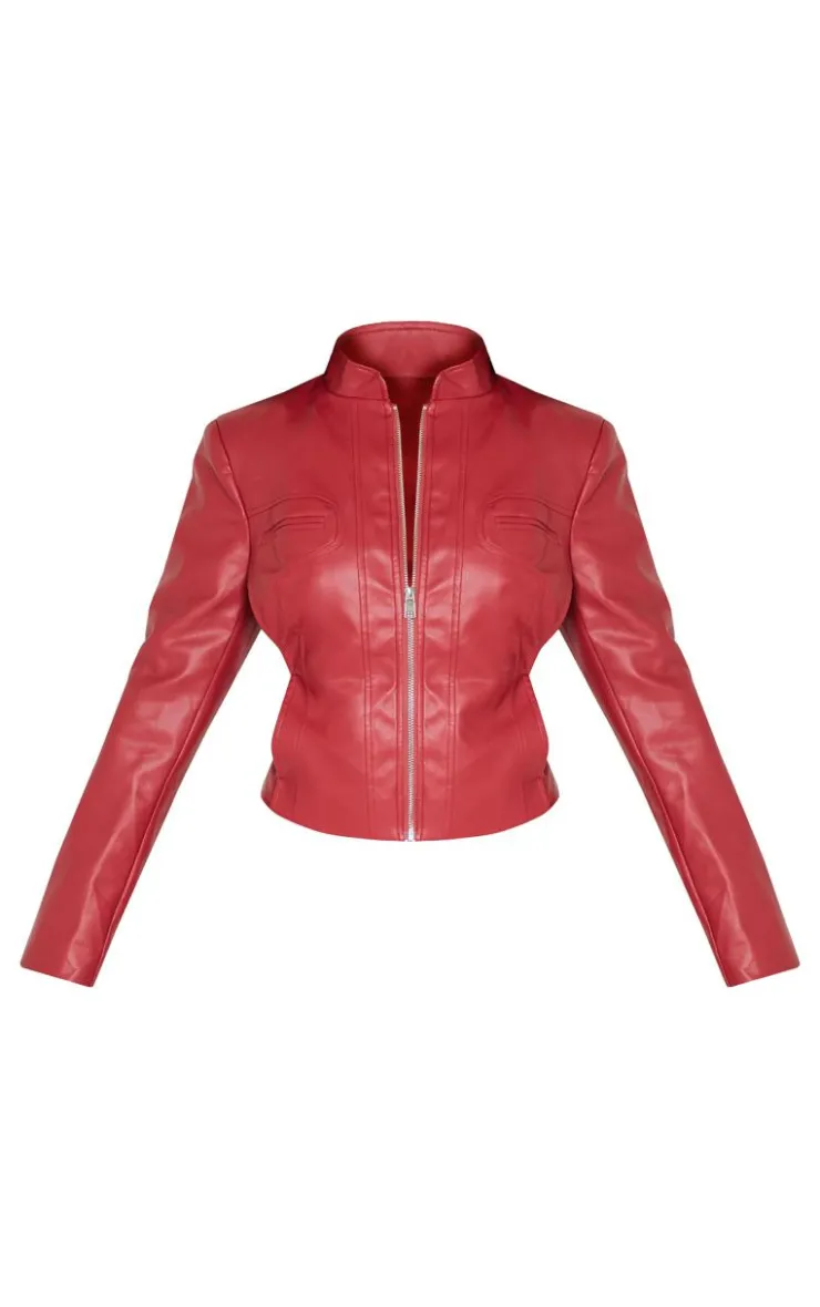 Hot PrettyLittleThing Petite Faux Leather Fitted Seam Detail Jacket Dark Red
