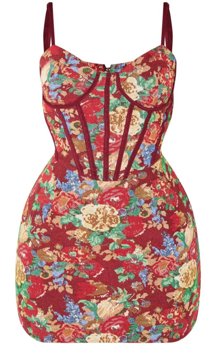 Petite Floral Jacquard Strappy Mini Dress-PrettyLittleThing New