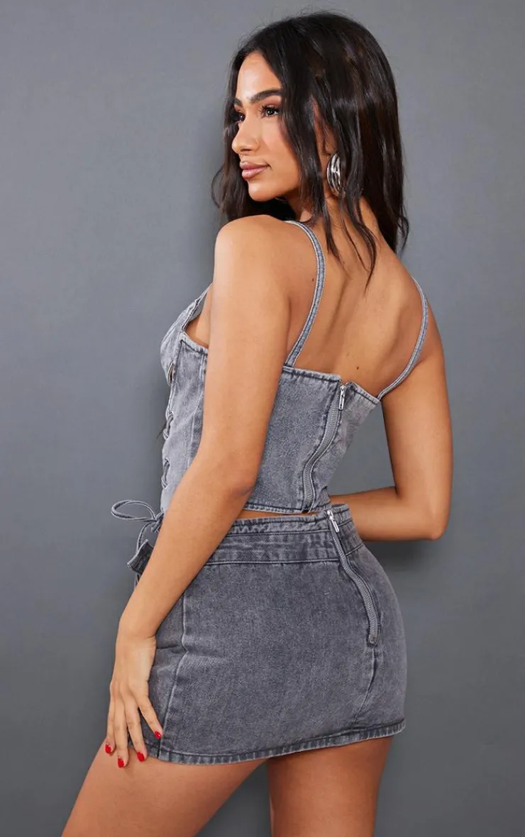 Discount PrettyLittleThing Petite Acid Wash Denim Lace Up Corset Grey