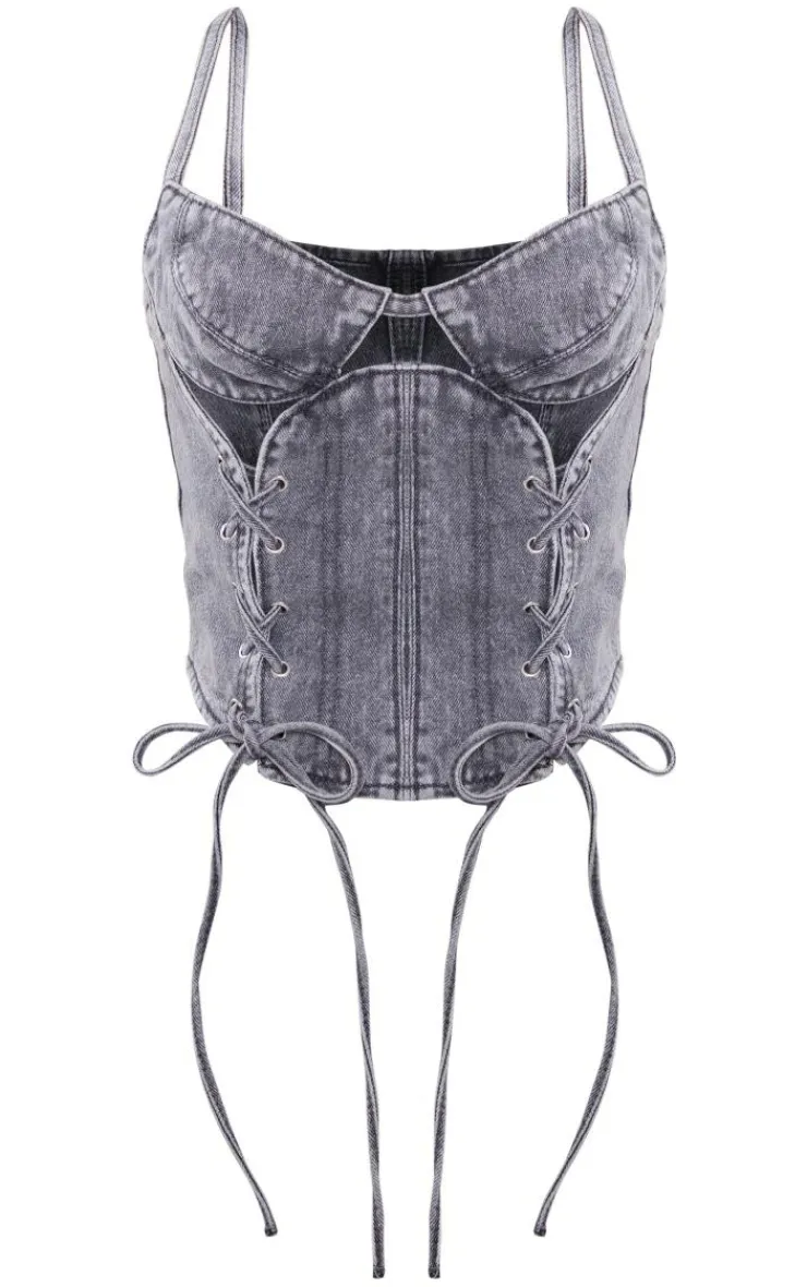Discount PrettyLittleThing Petite Acid Wash Denim Lace Up Corset Grey
