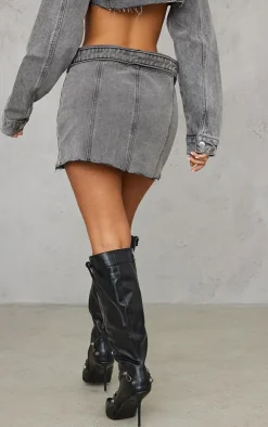 Outlet PrettyLittleThing Petite Distressed Button Front Denim Micro Mini Skirt Grey