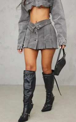 Discount PrettyLittleThing Petite Distressed Denim Foldover Micro Mini Skirt Grey
