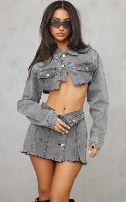 Discount PrettyLittleThing Petite Distressed Denim Foldover Micro Mini Skirt Grey