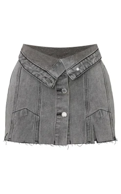 Discount PrettyLittleThing Petite Distressed Denim Foldover Micro Mini Skirt Grey