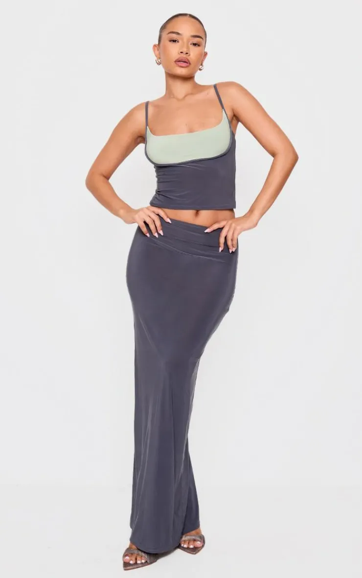 Online PrettyLittleThing Petite Slinky Contrast Strappy Top Grey