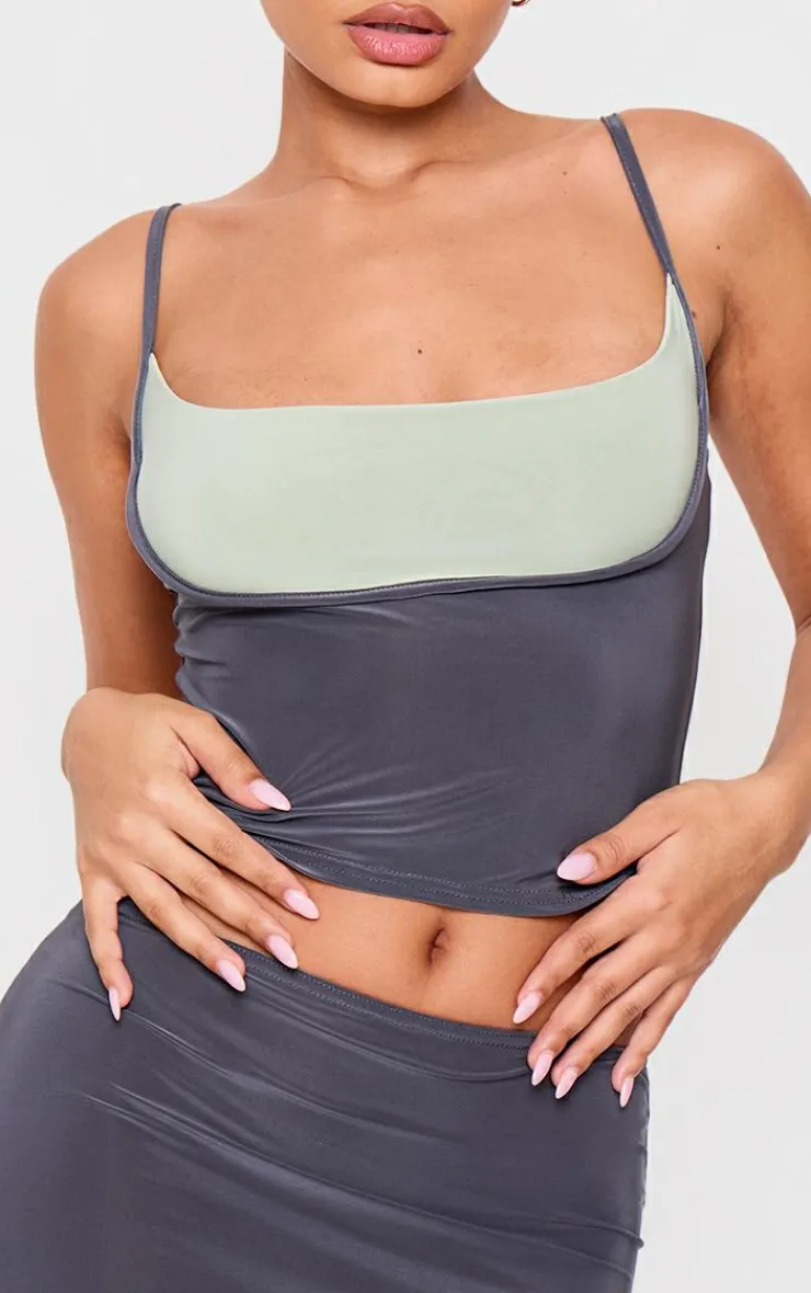 Online PrettyLittleThing Petite Slinky Contrast Strappy Top Grey