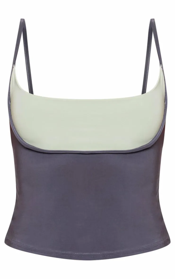 Online PrettyLittleThing Petite Slinky Contrast Strappy Top Grey