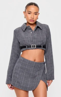 Sale PrettyLittleThing Petite Textured Woven Belt Detail Cropped Blazer Grey