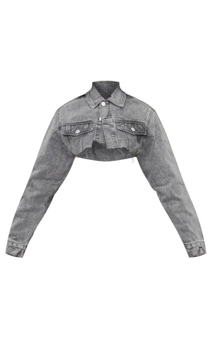 Clearance PrettyLittleThing Petite Wash Distressed Super Cropped Denim Jacket Grey