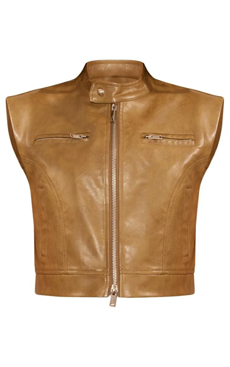 PrettyLittleThing Faux Leather Jackets*Petite Sleeveless Collared Faux Leather Vest