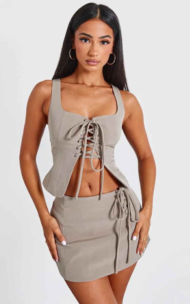 Outlet PrettyLittleThing Petite Woven Lace Up Corset Khaki
