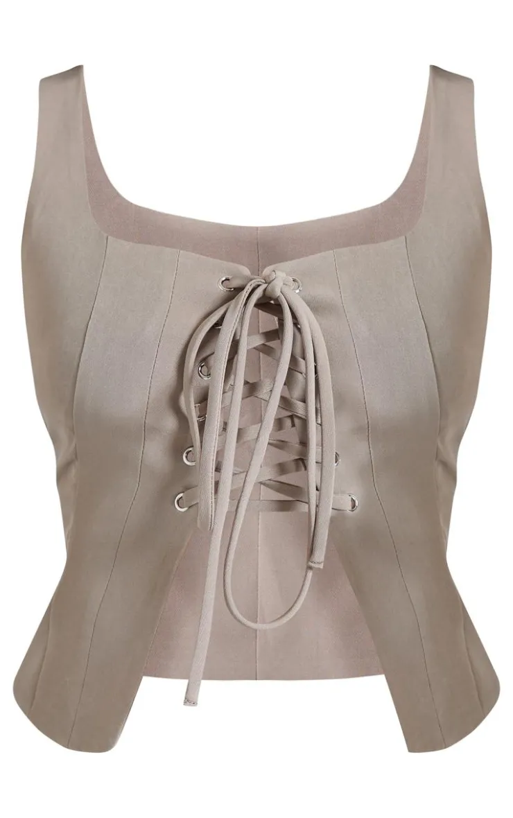 Outlet PrettyLittleThing Petite Woven Lace Up Corset Khaki