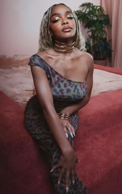 New PrettyLittleThing Petite Print Crushed Mesh One Shoulder Top Leopard