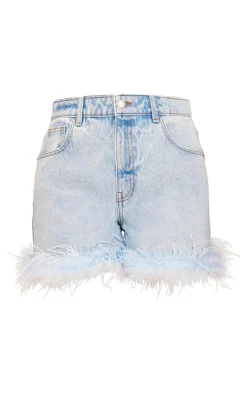 Petite Light Blue Feather Denim Shorts