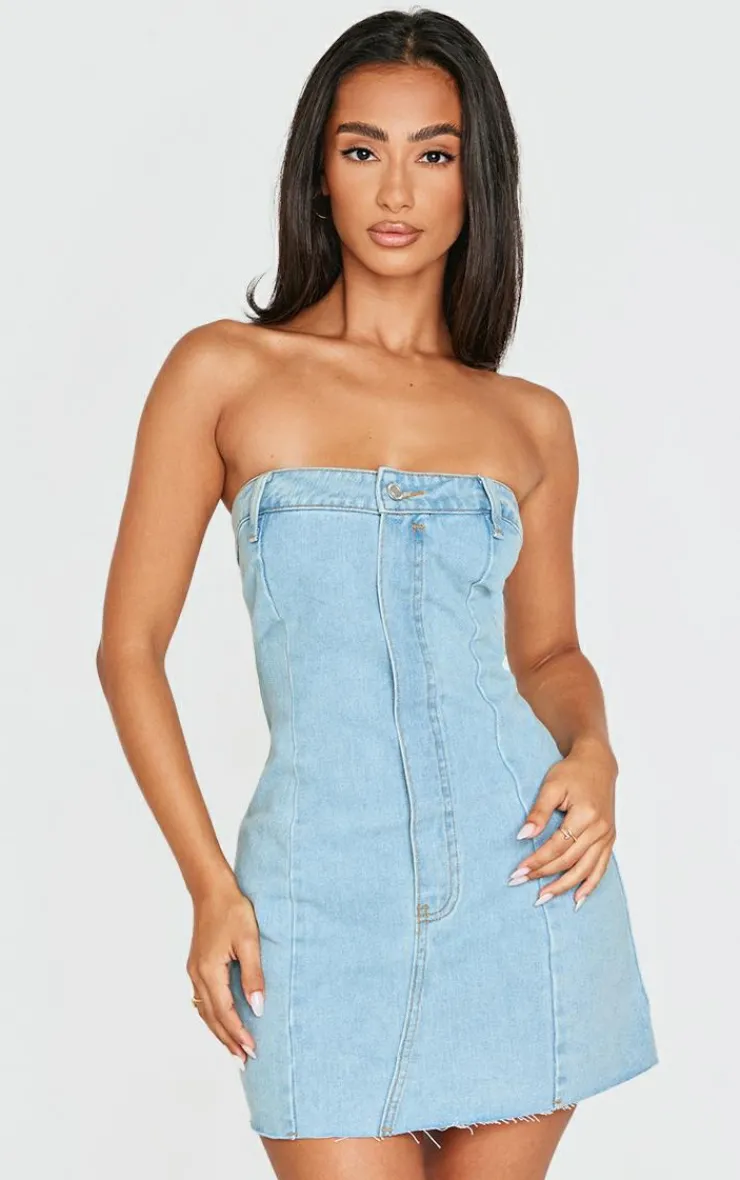 Petite Denim Bandeau Mini Dress-PrettyLittleThing