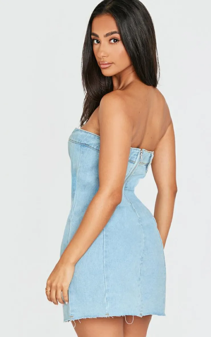 Petite Denim Bandeau Mini Dress-PrettyLittleThing