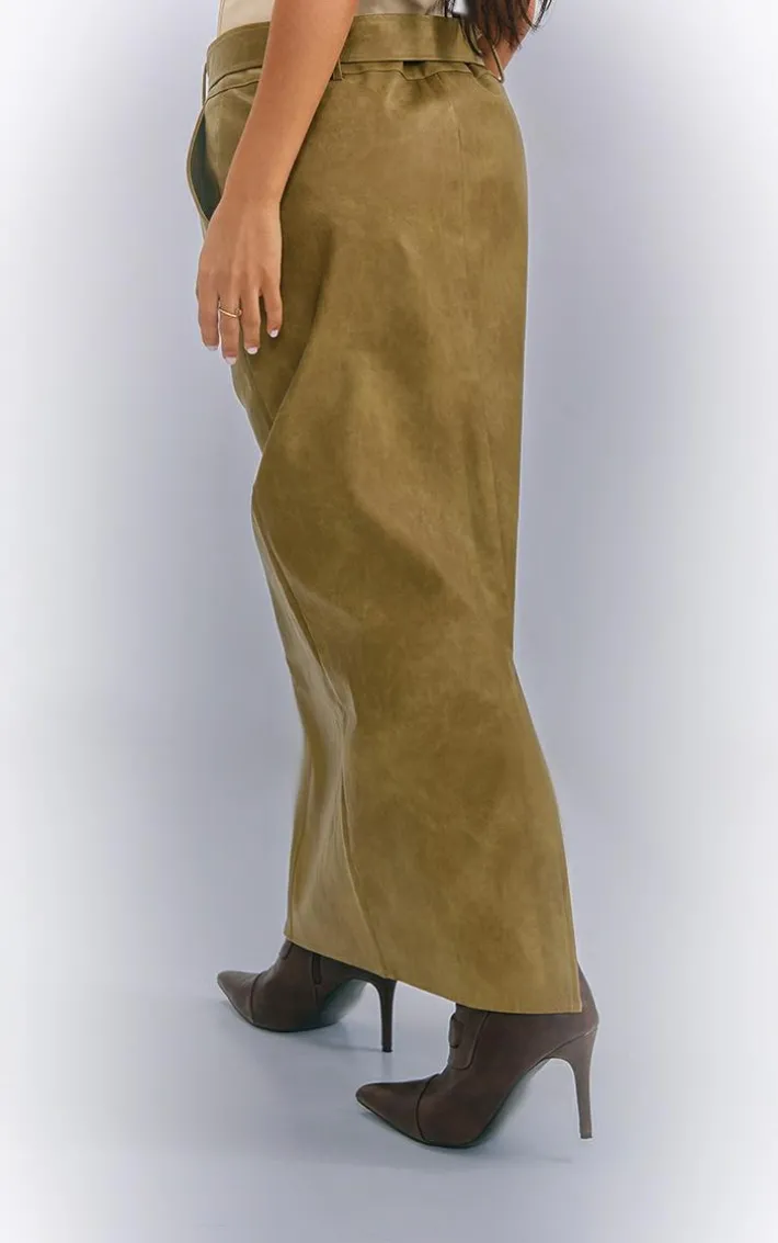 Petite Olive Washed Faux Leather Belted Midi Skirt