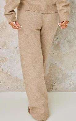 Outlet PrettyLittleThing Petite Knitted Seam Detail Wide Leg Pants Pebble