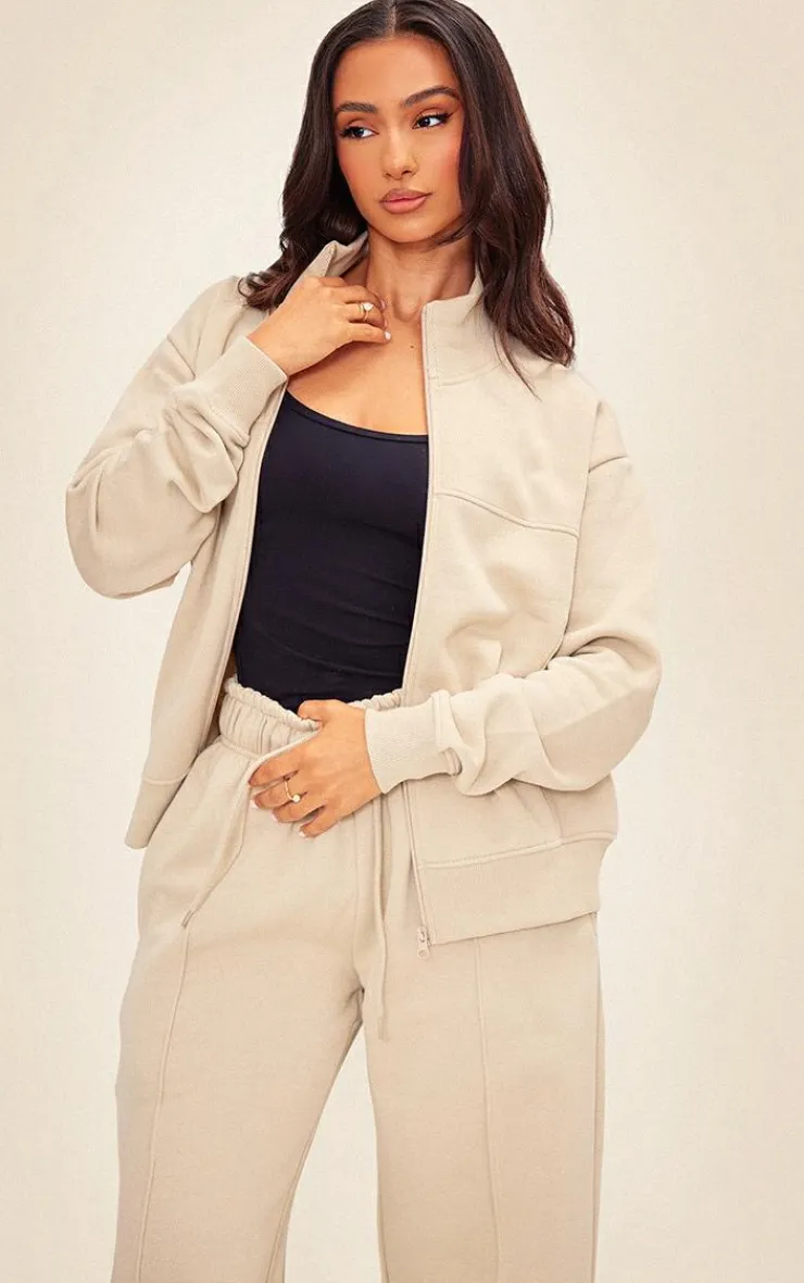 Online PrettyLittleThing Petite Zip Up Seam Detail Track Top Pebble