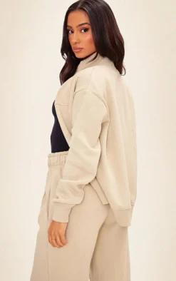 Online PrettyLittleThing Petite Zip Up Seam Detail Track Top Pebble