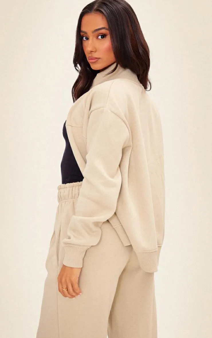 Online PrettyLittleThing Petite Zip Up Seam Detail Track Top Pebble