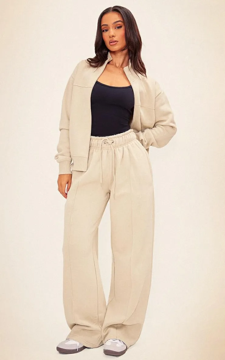 Online PrettyLittleThing Petite Zip Up Seam Detail Track Top Pebble