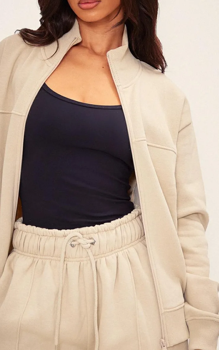 Online PrettyLittleThing Petite Zip Up Seam Detail Track Top Pebble