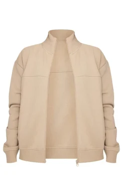 Online PrettyLittleThing Petite Zip Up Seam Detail Track Top Pebble