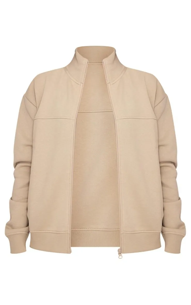 Online PrettyLittleThing Petite Zip Up Seam Detail Track Top Pebble