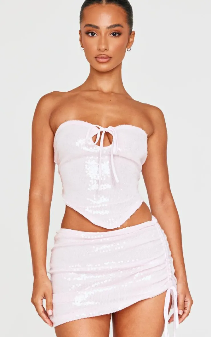 New PrettyLittleThing Petite Bandeau Cut Out Sequin Crop Top Pink