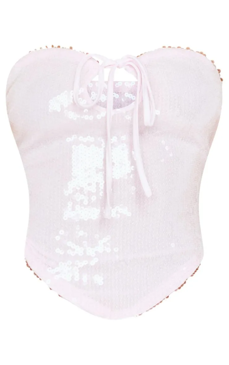 New PrettyLittleThing Petite Bandeau Cut Out Sequin Crop Top Pink