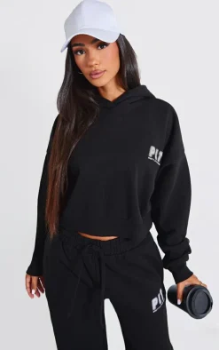 Outlet PrettyLittleThing Petite Premium Printed Boxy Hoodie Black