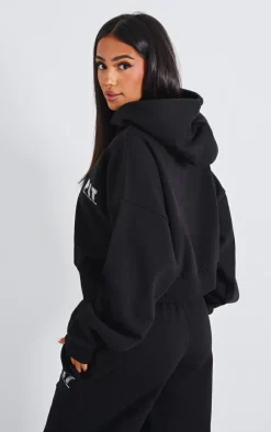 Outlet PrettyLittleThing Petite Premium Printed Boxy Hoodie Black