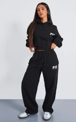 Outlet PrettyLittleThing Petite Premium Printed Boxy Hoodie Black