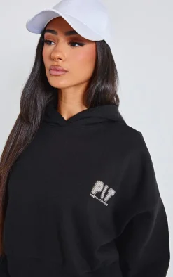 Outlet PrettyLittleThing Petite Premium Printed Boxy Hoodie Black
