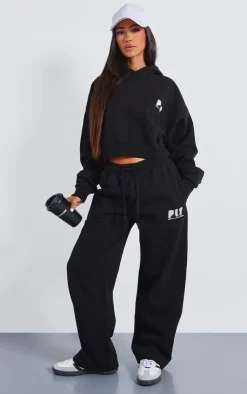 Hot PrettyLittleThing Petite Premium Printed Straight Leg Sweatpants Black