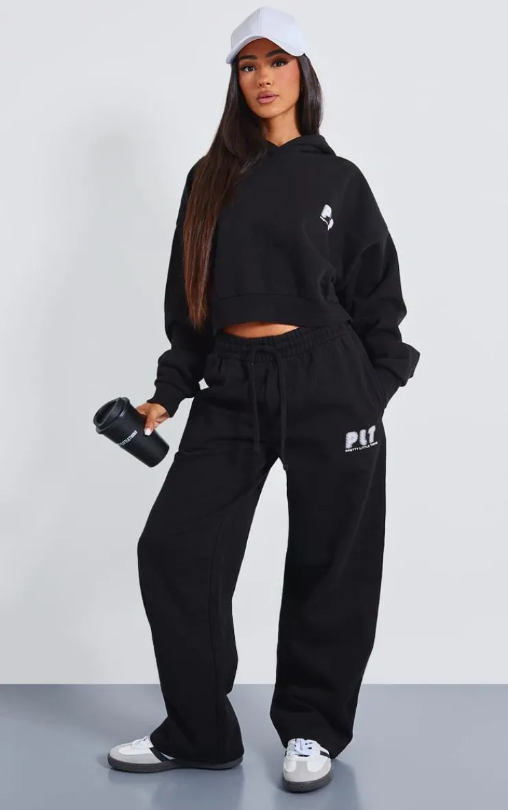 Hot PrettyLittleThing Petite Premium Printed Straight Leg Sweatpants Black